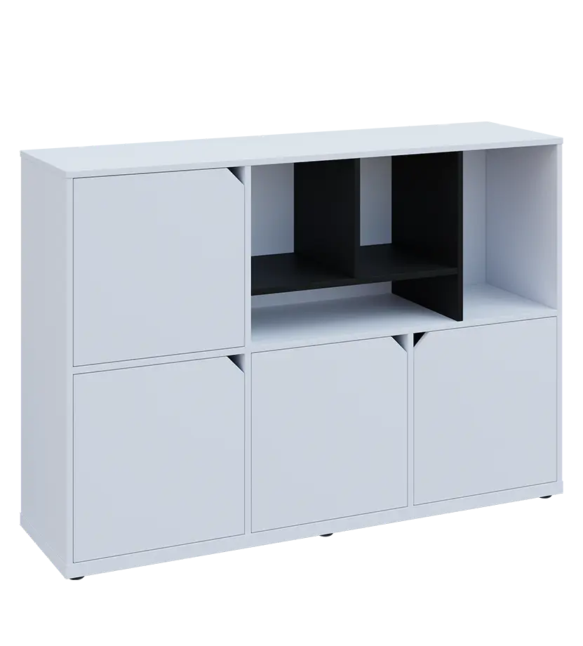 KU3-15DN4 P skříňka 4-dvéřová, niky, 1054x1522x400 mm, provedení pravé, korpus a dvířka bílá sněžná/police černá