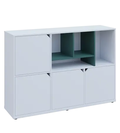 KU3-15DN4 P skříňka 4-dvéřová, niky, 1054x1522x400 mm, provedení pravé, korpus a dvířka bílá sněžná/police světle petrolejová