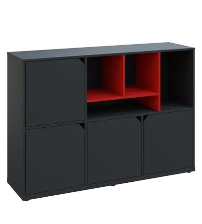 KU3-15DN4 P skříňka 4-dvéřová, niky, 1054x1522x400 mm, provedení pravé, korpus a dvířka antracit/police červená