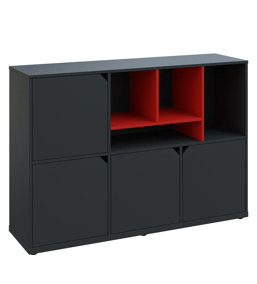 KU3-15DN4 P skříňka 4-dvéřová, niky, 1054x1522x400 mm, provedení pravé, korpus a dvířka antracit/police červená