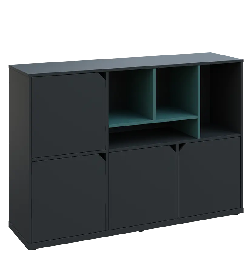 KU3-15DN4 P skříňka 4-dvéřová, niky, 1054x1522x400 mm, provedení pravé, korpus a dvířka antracit/police světle petrolejová