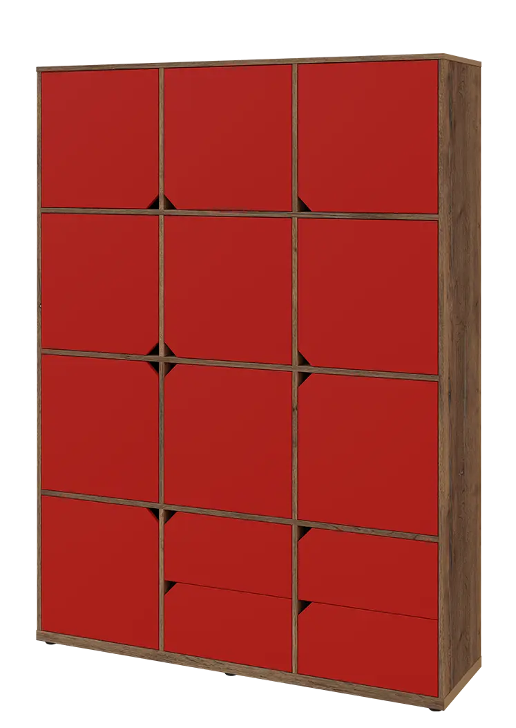 KU6-15DZ4 L skříň vysoká 10-dvéřová, zásuvky, 2053x1522x400 mm, provedení levé, dub halifax cínový/červená