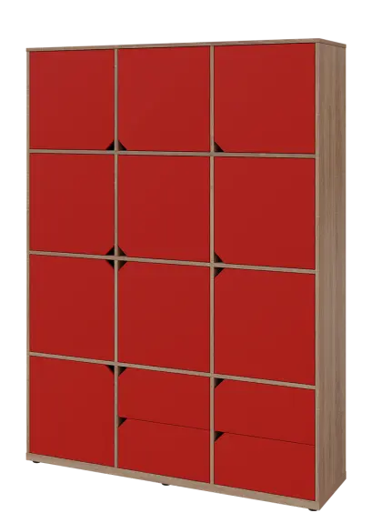 KU6-15DZ4 L skříň vysoká 10-dvéřová, zásuvky, 2053x1522x400 mm, provedení levé, dub bardolino/červená