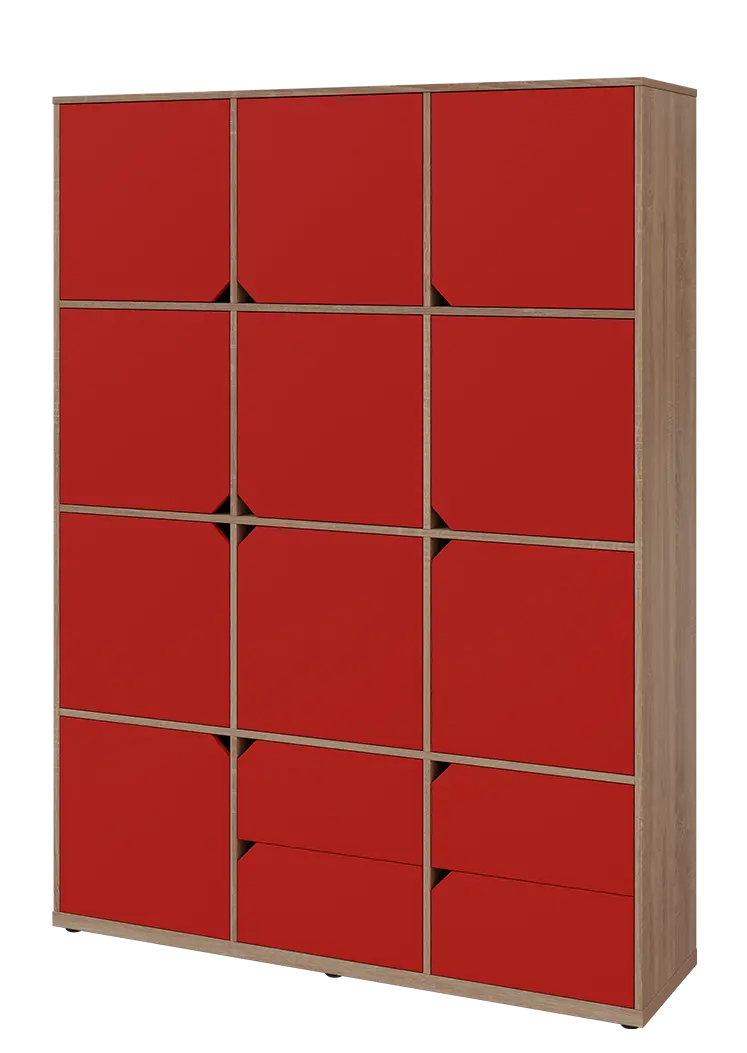 KU6-15DZ4 L skříň vysoká 10-dvéřová, zásuvky, 2053x1522x400 mm, provedení levé, dub bardolino/červená