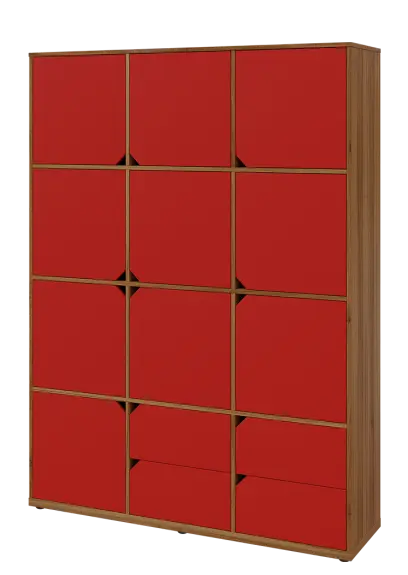 KU6-15DZ4 L skříň vysoká 10-dvéřová, zásuvky, 2053x1522x400 mm, provedení levé, ořech světlý/červená