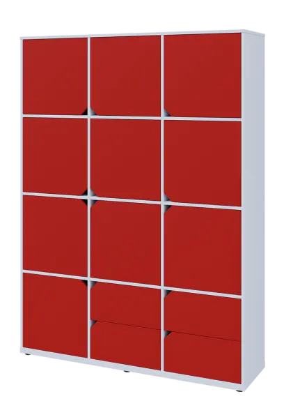 KU6-15DZ4 L skříň vysoká 10-dvéřová, zásuvky, 2053x1522x400 mm, provedení levé, bílá sněžná/červená