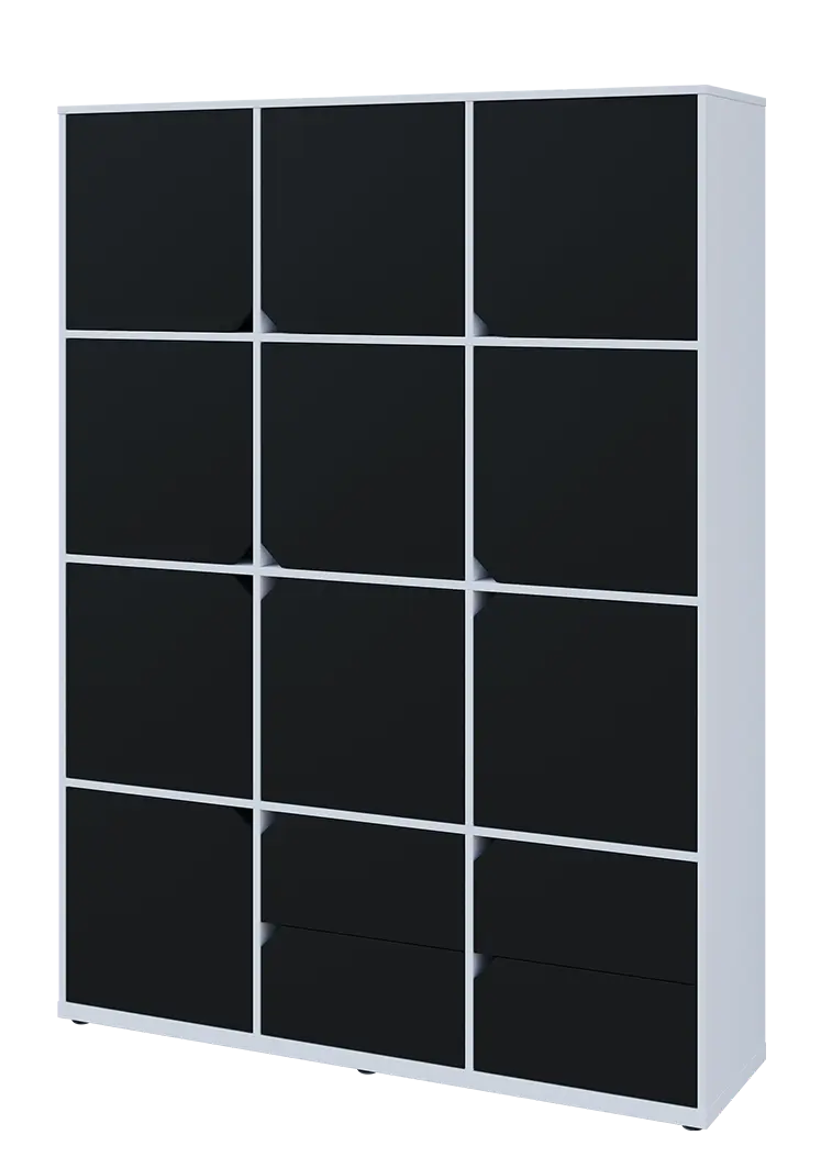 KU6-15DZ4 L skříň vysoká 10-dvéřová, zásuvky, 2053x1522x400 mm, provedení levé, bílá sněžná/černá