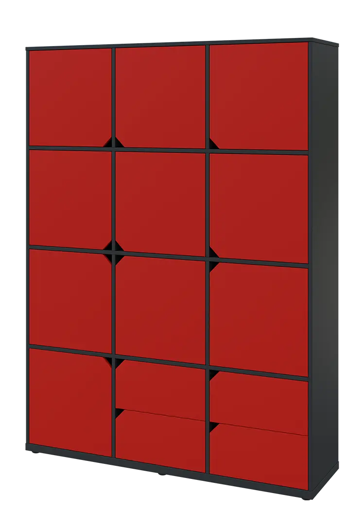 KU6-15DZ4 L skříň vysoká 10-dvéřová, zásuvky, 2053x1522x400 mm, provedení levé, antracit/červená