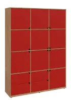 KU6-15DZ4 P skříň vysoká 10-dvéřová, zásuvky, 2053x1522x400 mm, provedení pravé, dub lite/červená