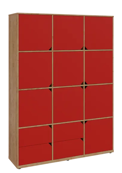 KU6-15DZ4 P skříň vysoká 10-dvéřová, zásuvky, 2053x1522x400 mm, provedení pravé, dub lite/červená