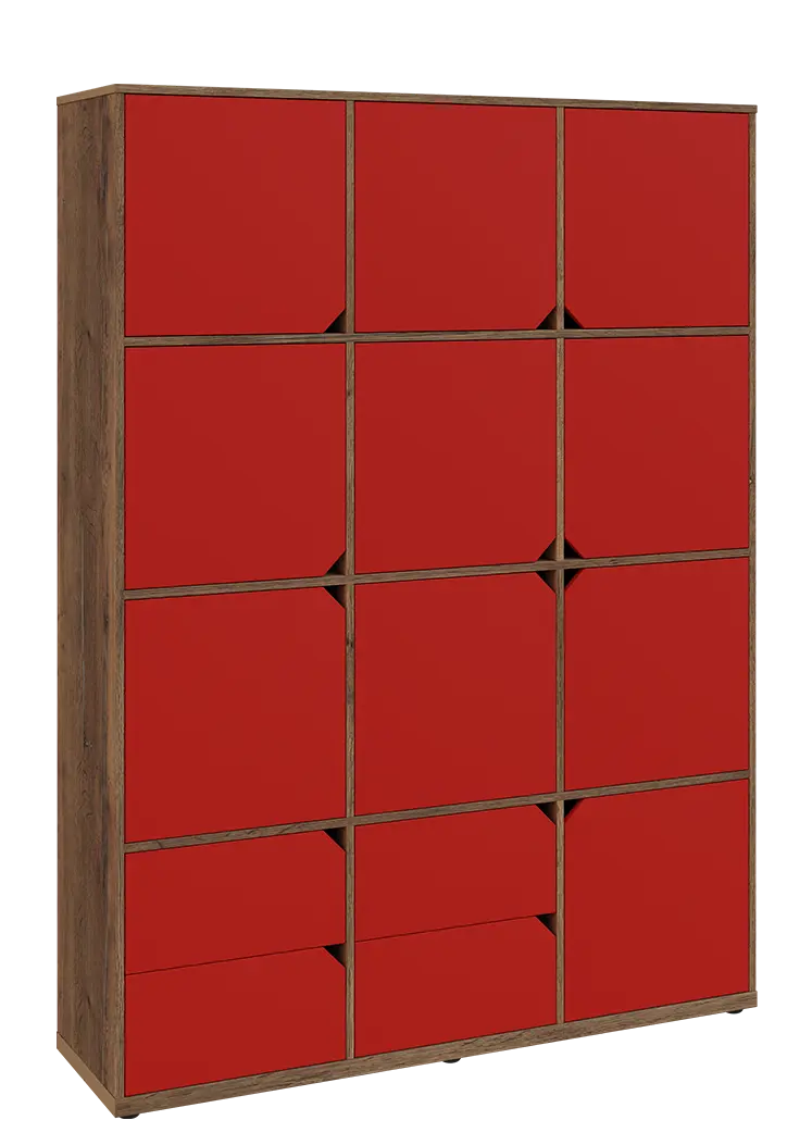 KU6-15DZ4 P skříň vysoká 10-dvéřová, zásuvky, 2053x1522x400 mm, provedení pravé, dub halifax cínový/červená