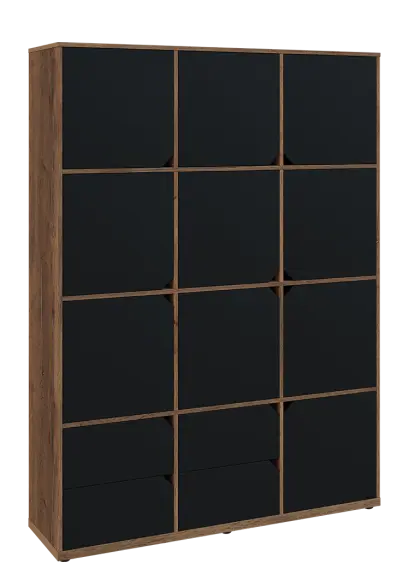 KU6-15DZ4 P skříň vysoká 10-dvéřová, zásuvky, 2053x1522x400 mm, provedení pravé, dub halifax cínový/černá