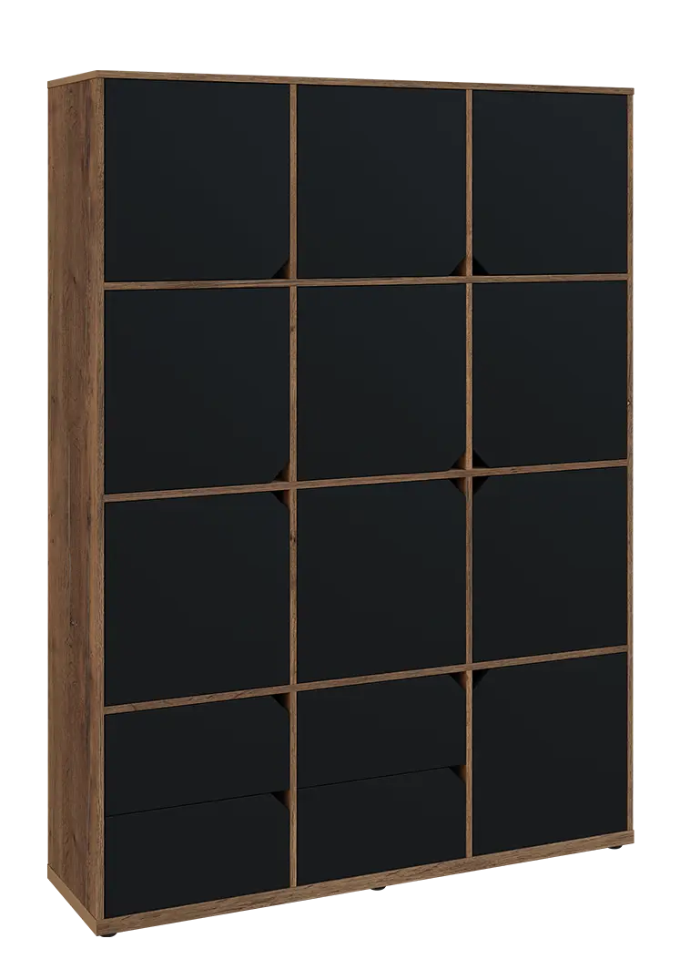 KU6-15DZ4 P skříň vysoká 10-dvéřová, zásuvky, 2053x1522x400 mm, provedení pravé, dub halifax cínový/černá