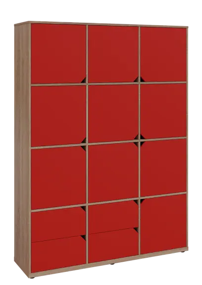 KU6-15DZ4 P skříň vysoká 10-dvéřová, zásuvky, 2053x1522x400 mm, provedení pravé, dub bardolino/červená