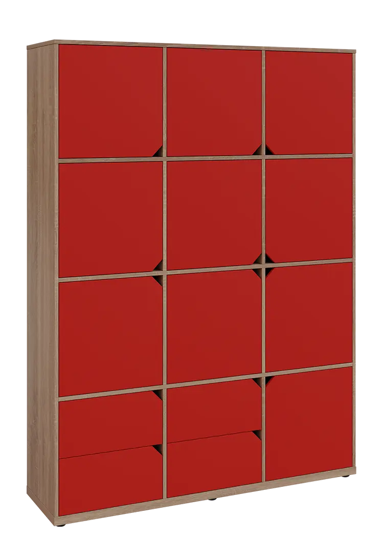 KU6-15DZ4 P skříň vysoká 10-dvéřová, zásuvky, 2053x1522x400 mm, provedení pravé, dub bardolino/červená