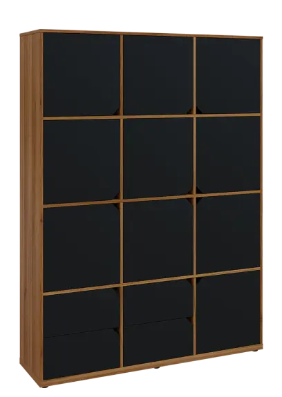 KU6-15DZ4 P skříň vysoká 10-dvéřová, zásuvky, 2053x1522x400 mm, provedení pravé, ořech světlý/černá