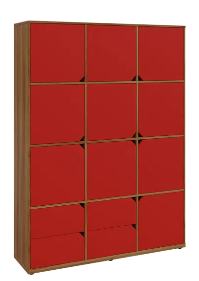 KU6-15DZ4 P skříň vysoká 10-dvéřová, zásuvky, 2053x1522x400 mm, provedení pravé, ořech světlý/červená