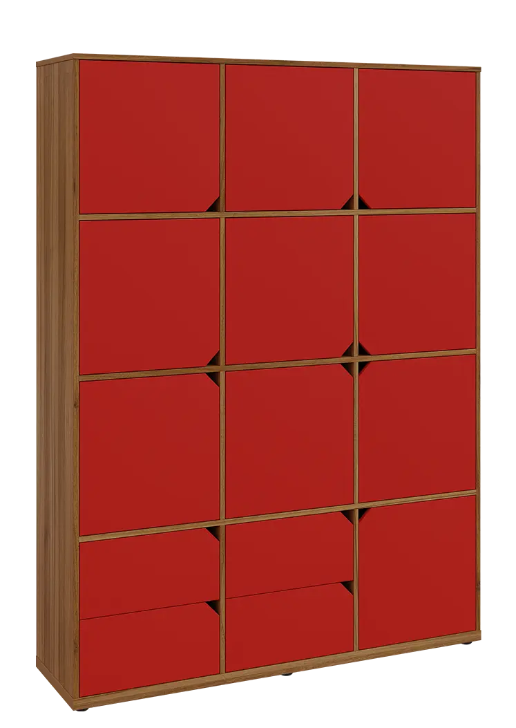 KU6-15DZ4 P skříň vysoká 10-dvéřová, zásuvky, 2053x1522x400 mm, provedení pravé, ořech světlý/červená