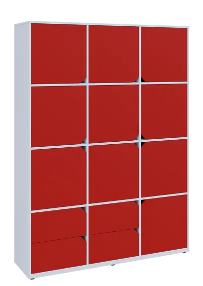 KU6-15DZ4 P skříň vysoká 10-dvéřová, zásuvky, 2053x1522x400 mm, provedení pravé, bílá sněžná/červená