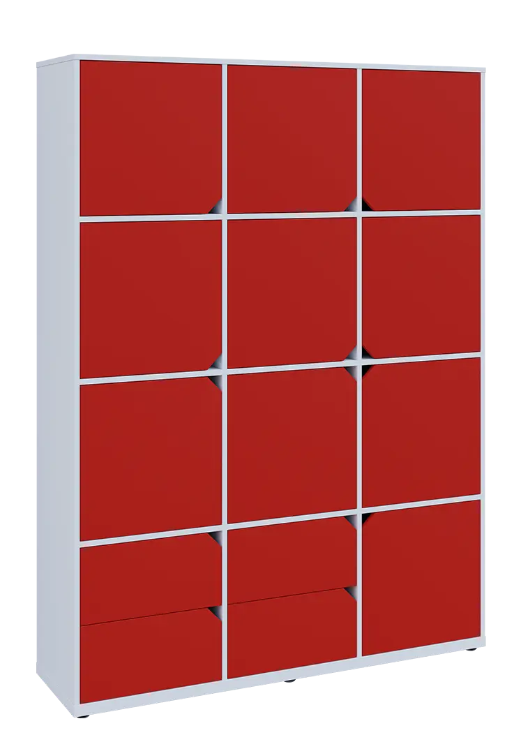 KU6-15DZ4 P skříň vysoká 10-dvéřová, zásuvky, 2053x1522x400 mm, provedení pravé, bílá sněžná/červená