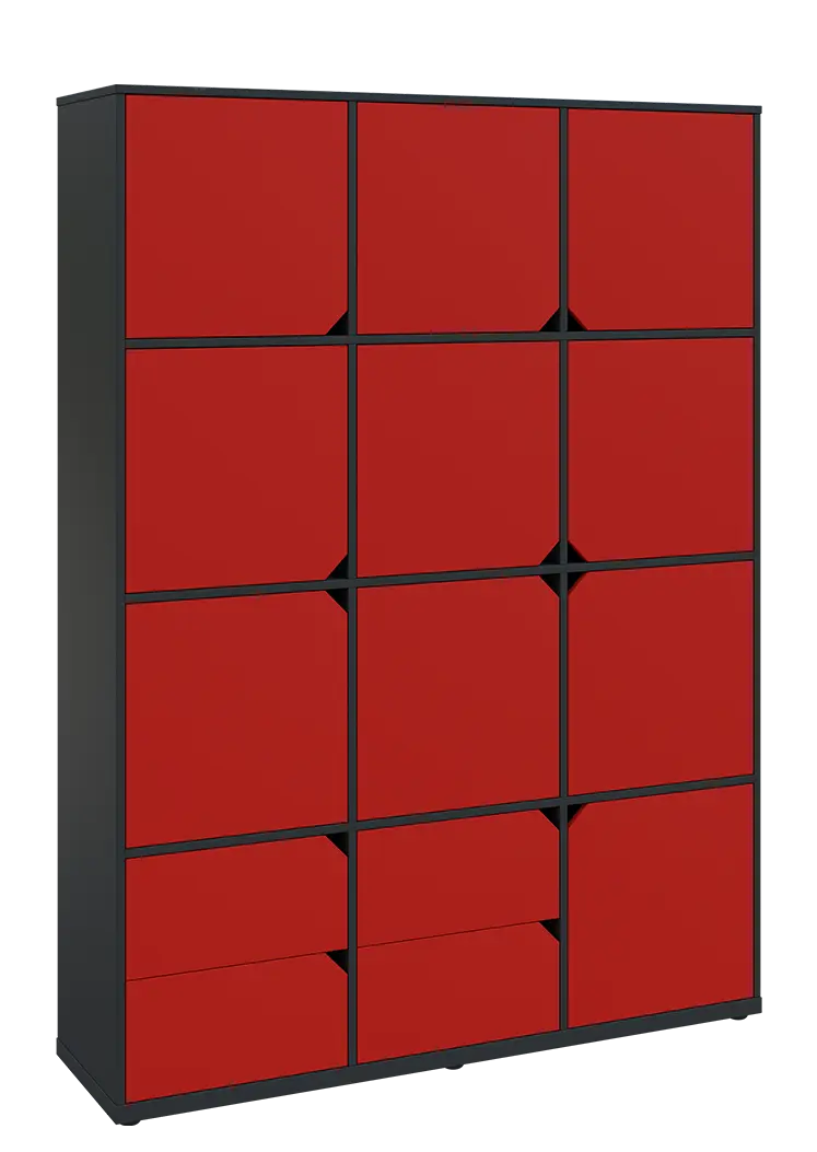 KU6-15DZ4 P skříň vysoká 10-dvéřová, zásuvky, 2053x1522x400 mm, provedení pravé, antracit/červená