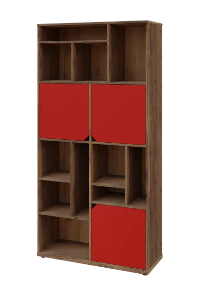 KU6-10DN L skříň vysoká 3-dvéřová, niky, 2053x1022x400 mm, provedení levé, dub halifax cínový/červená