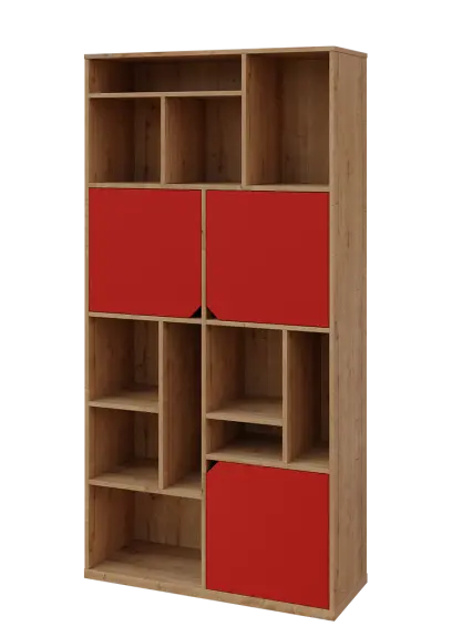 KU6-10DN L skříň vysoká 3-dvéřová, niky, 2053x1022x400 mm, provedení levé, dub lite/červená