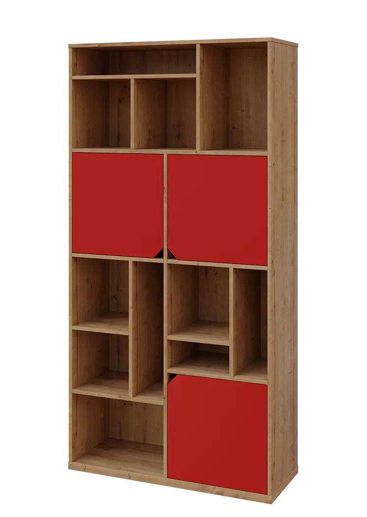 KU6-10DN L skříň vysoká 3-dvéřová, niky, 2053x1022x400 mm, provedení levé, dub lite/červená