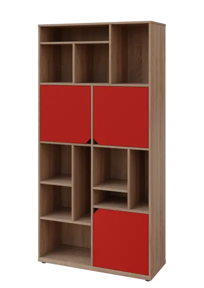 KU6-10DN L skříň vysoká 3-dvéřová, niky, 2053x1022x400 mm, provedení levé, dub bardolino/červená