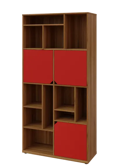 KU6-10DN L skříň vysoká 3-dvéřová, niky, 2053x1022x400 mm, provedení levé, ořech světlý/červená