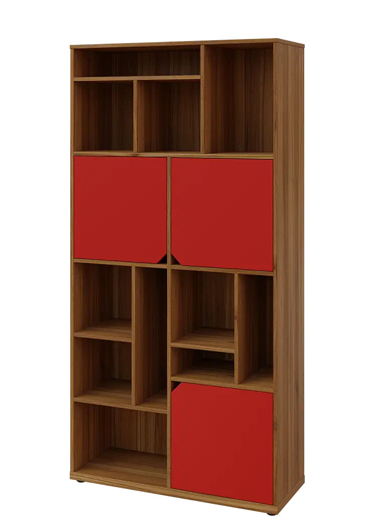 KU6-10DN L skříň vysoká 3-dvéřová, niky, 2053x1022x400 mm, provedení levé, ořech světlý/červená