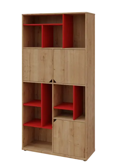 KU6-10DN L skříň vysoká 3-dvéřová, niky, 2053x1022x400 mm, provedení levé, korpus a dvířka dub lite/police červená