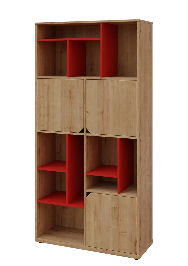 KU6-10DN L skříň vysoká 3-dvéřová, niky, 2053x1022x400 mm, provedení levé, korpus a dvířka dub lite/police červená