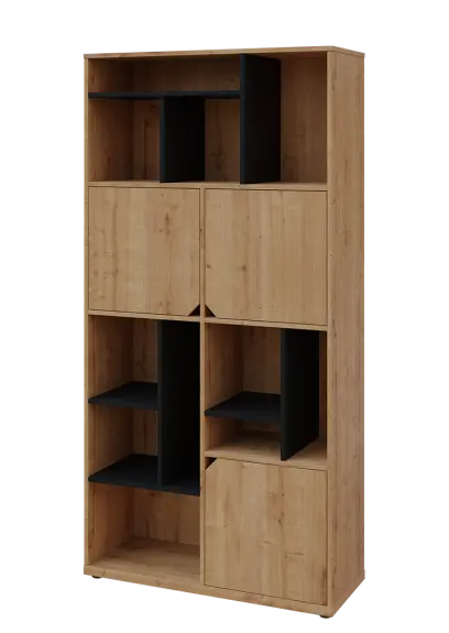 KU6-10DN L skříň vysoká 3-dvéřová, niky, 2053x1022x400 mm, provedení levé, korpus a dvířka dub lite/police černá