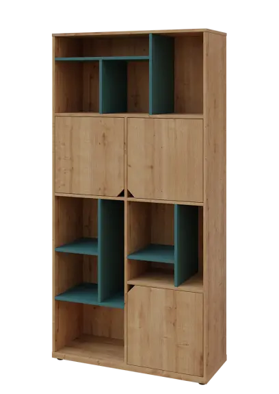 KU6-10DN L skříň vysoká 3-dvéřová, niky, 2053x1022x400 mm, provedení levé, korpus a dvířka dub lite/police světle petrolejová