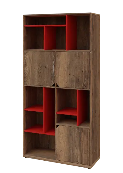 KU6-10DN L skříň vysoká 3-dvéřová, niky, 2053x1022x400 mm, provedení levé, korpus a dvířka dub halifax cínový/police červená