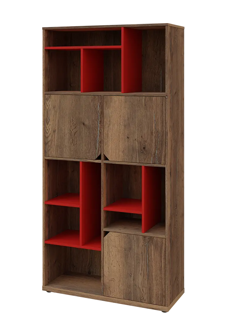 KU6-10DN L skříň vysoká 3-dvéřová, niky, 2053x1022x400 mm, provedení levé, korpus a dvířka dub halifax cínový/police červená