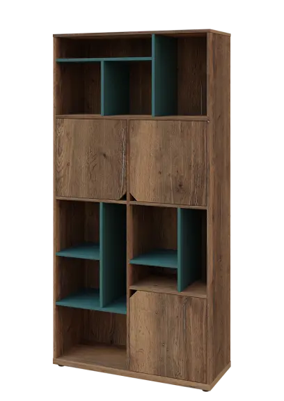 KU6-10DN L skříň vysoká 3-dvéřová, niky, 2053x1022x400 mm, provedení levé, korpus a dvířka dub halifax cínový/police světle petrolejová