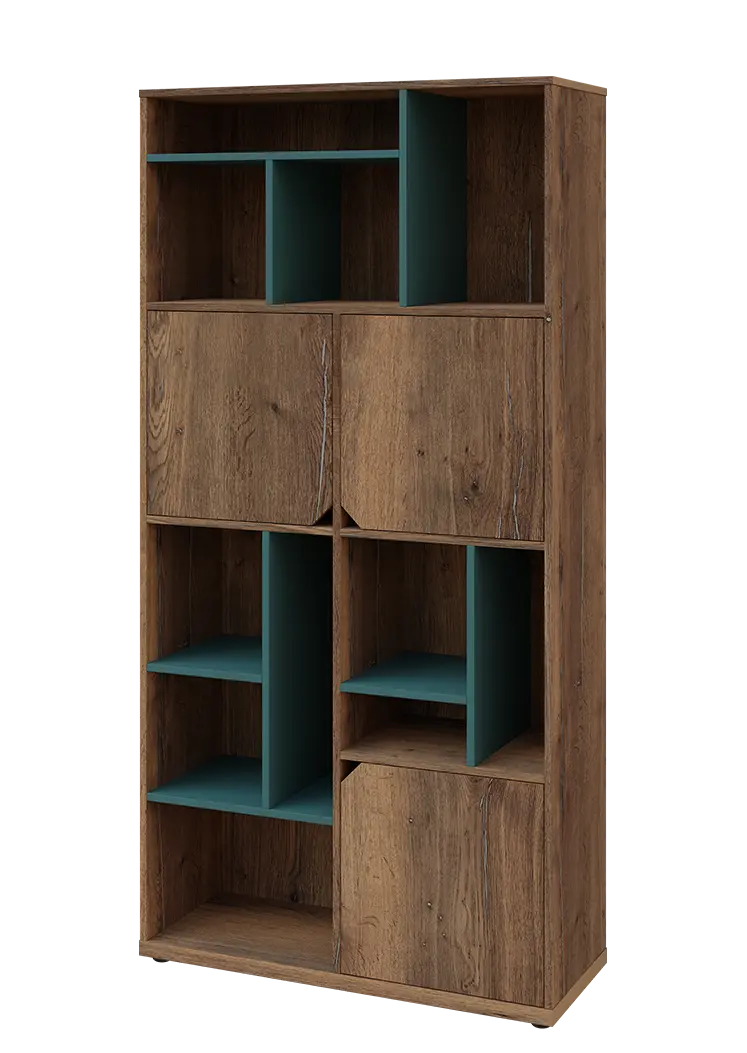 KU6-10DN L skříň vysoká 3-dvéřová, niky, 2053x1022x400 mm, provedení levé, korpus a dvířka dub halifax cínový/police světle petrolejová