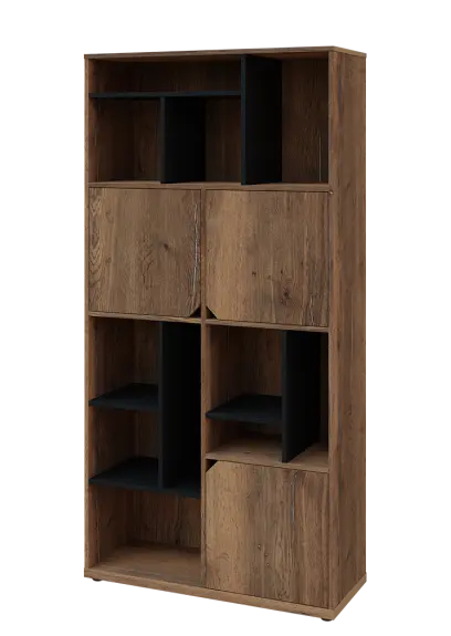 KU6-10DN L skříň vysoká 3-dvéřová, niky, 2053x1022x400 mm, provedení levé, korpus a dvířka dub halifax cínový/police černá