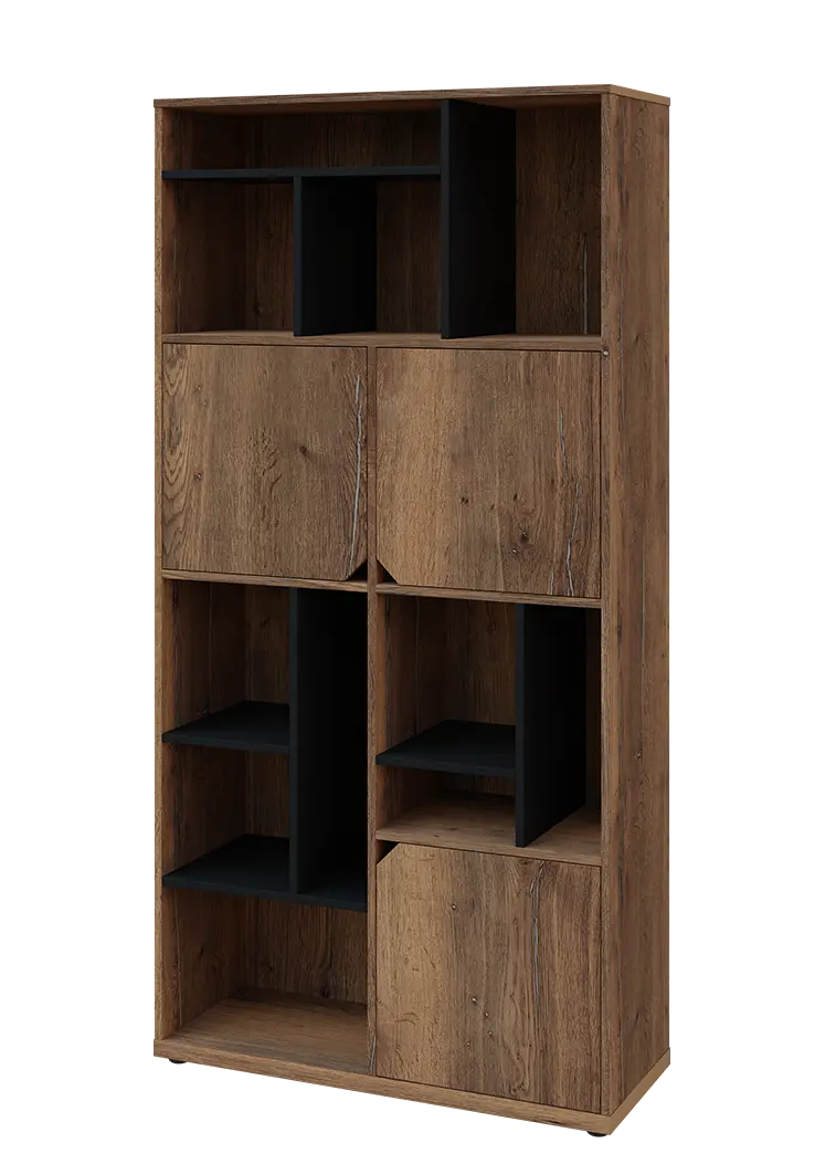 KU6-10DN L skříň vysoká 3-dvéřová, niky, 2053x1022x400 mm, provedení levé, korpus a dvířka dub halifax cínový/police černá