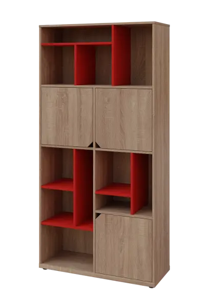 KU6-10DN L skříň vysoká 3-dvéřová, niky, 2053x1022x400 mm, provedení levé, korpus a dvířka dub bardolino/police červená