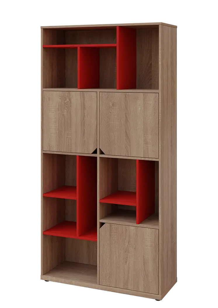 KU6-10DN L skříň vysoká 3-dvéřová, niky, 2053x1022x400 mm, provedení levé, korpus a dvířka dub bardolino/police červená