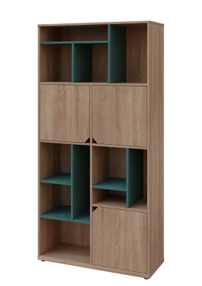 KU6-10DN L skříň vysoká 3-dvéřová, niky, 2053x1022x400 mm, provedení levé, korpus a dvířka dub bardolino/police světle petrolejová