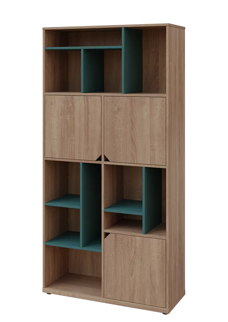 KU6-10DN L skříň vysoká 3-dvéřová, niky, 2053x1022x400 mm, provedení levé, korpus a dvířka dub bardolino/police světle petrolejová