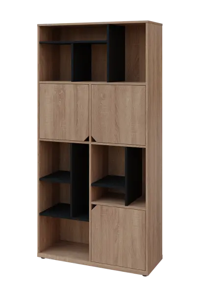 KU6-10DN L skříň vysoká 3-dvéřová, niky, 2053x1022x400 mm, provedení levé, korpus a dvířka dub bardolino/police černá