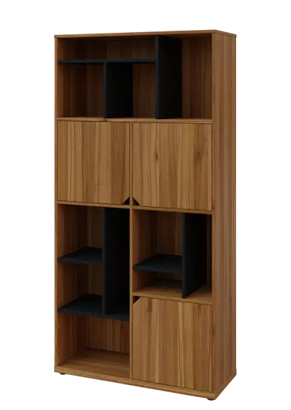 KU6-10DN L skříň vysoká 3-dvéřová, niky, 2053x1022x400 mm, provedení levé, korpus a dvířka ořech světlý/police černá