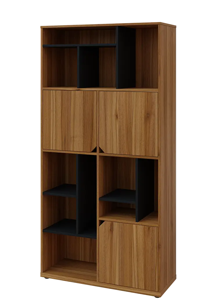 KU6-10DN L skříň vysoká 3-dvéřová, niky, 2053x1022x400 mm, provedení levé, korpus a dvířka ořech světlý/police černá