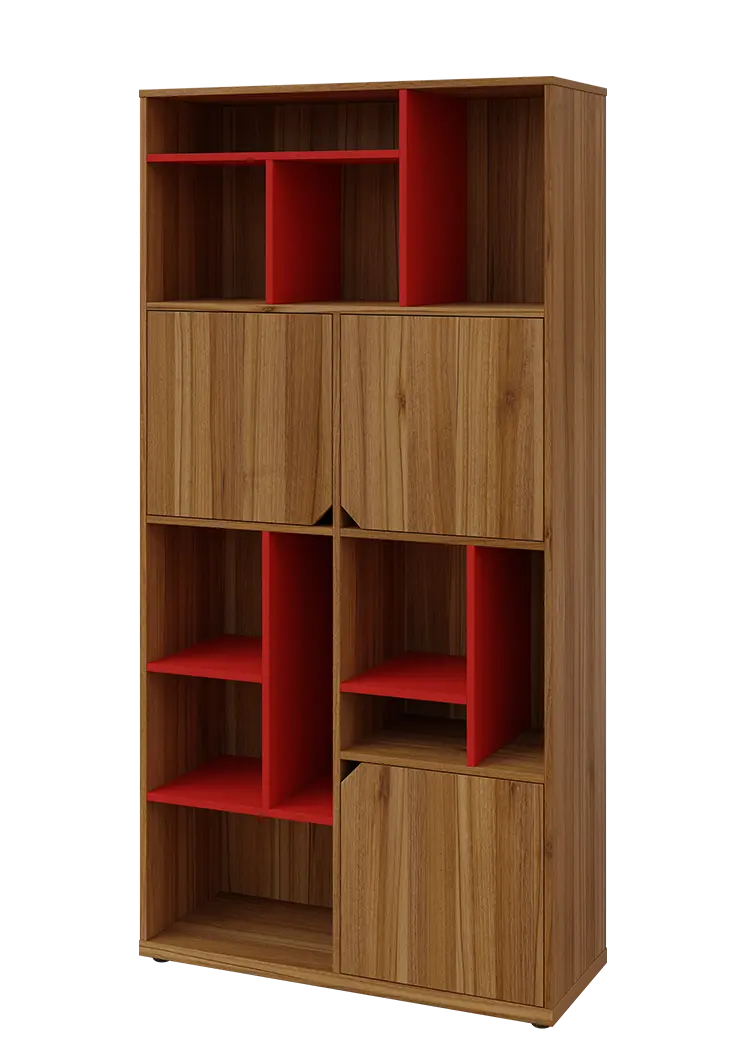 KU6-10DN L skříň vysoká 3-dvéřová, niky, 2053x1022x400 mm, provedení levé, korpus a dvířka ořech světlý/police červená