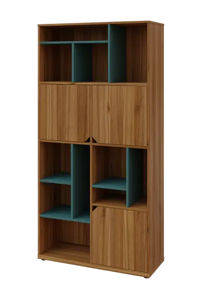 KU6-10DN L skříň vysoká 3-dvéřová, niky, 2053x1022x400 mm, provedení levé, korpus a dvířka ořech světlý/police světle petrolejová